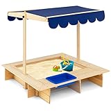 GOPLUS Sandkasten mit abnehmbarem Waschbecken, Kinder Sandkasten mit höhen- & winkelverstellbarem Dach, Massivholz, mit bodenlosem Design für Strand Park Spielplatz Garten, ab 3-12 Jahre