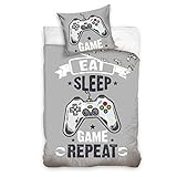 termana Gaming Bettwäsche-Set Kinderbettwäsche Teenagerbettwäsche Jungen in grau, Kissenbezug 80x80 + Bettbezug 135x200, Gamer-Bettwäsche Eat Game Sleep Repeat