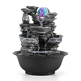 Dyna-Living Zimmerbrunnen Tischbrunnen mit Rollender Kugel, Brunnen Polyresin Springbrunnen LED-Beleuchtung Mehrfarbig, Tischplatte Wasserbrunnen Steingarten