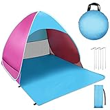 WONSEFOO Strandmuschel UV-Schutz 50+ | 2-3 Personen Pop Up Strandzelt Wasserdicht tragbar Campingzelt | Beach Zelt für Familie Camping Strand Garten Rosa+Blau (A-Rosa) (A-Puderblau)