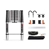 Richeer 3,8m Aluminium Teleskopleiter mit Abnehmbarem Haken und 8 Zubehör, 150 kg/330 Pfund Belastbarkeit rutschfeste Mehrzweckleiter, Tragbare 12 Stufen Ausziehbar Aluleiter