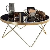 FineBuy Design Couchtisch Ø 82 cm Schwarz matt Gold Beistelltisch Metall/Glas | Tisch mit Glasplatte | Ablagetisch modern | Großer Wohnzimmertisch | Glastisch mit Metallgestell