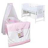 Generisch Baby Delux Babybett Komplett Set Kinderbett Mia weiß 120x60 Bettset mit Stickerei Matratze (Schaukelfreunde)