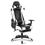 WOLTU Gaming Stuhl Racing Stuhl Bürostuhl Chefsessel Schreibtischstuhl Sportsitz mit Kopfstütze und Lendenkissen, Armlehne verstellbar, mit Fußstütze, Kunstleder, höhenverstellbar, Weiß, BS14ws