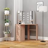 ZEYUAN Eck-Schminktisch mit LED, Schminken Tisch, Frisiertisch, Kosmetiktisch, Schminkkommode, Schmink Tisch, Make Up Tisch, Eichefarben 111x54x141,5 cm