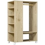 HOMCOM Kleiderschrank auf Rollen, Garderobenschrank mit 5 Offenen Fächern, 1 Kleiderstange, 1 Schuhablage, Garderobe für Schlafzimmer, 80 x 50 x 129 cm, Natur