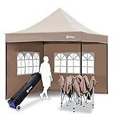 Sekey Pavillon 3x3 m Wasserdicht Stabil, Faltpavillon mit 2 Fenster Seitenteile, UV Schutz inkl. Tasche, Taupe