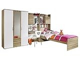 Rauch Möbel Emilio Jugendzimmer Kinderzimmer Set, Eiche Sonoma / Weiß, Bettanlage incl. Schreibtisch und Schreibtischaufsatz sowie Drehtürenschrank, Stellmaße komplett BxHxT 317x188x237 cm