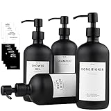 MONOKO 4er Set Seifenspender Schwarz Matt aus Glas | Shampoo Flaschen zum Befüllen | 500ml Spülmittelspender Küche | Spender Pumpkopf Edelstahl | Pumpflasche + Aufkleber (Glas-500ml, Schwarz)