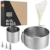 Moritz & Moritz Backrahmen Set Rund Ø 5-10x5cm & Ø 16-30x8cm – 2X verstellbare Edelstahl Backringe mit Backzubehör – 10 Spritzbeutel und 3 Aufsätze