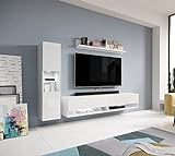 Furnix Wohnwand Wohnzimmer Alyx I - 3-TLG Mediawand weiß Hochglanz Komplett-Set mit LED - TV Lowboard, Vitrine, Hängeregal - Freistehend/Wandmontage - B 210 x H 127 x T 33 cm, Farbe weiß