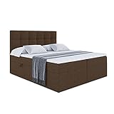 ALTDECOR Boxspringbett mit H3-Matratze (20 cm hoch) mit Bonellfederung + PUR, Topper (4 cm hoch), Polsterbett mit Kopfteil und Bettkasten 180x200 - Braun Inari 24