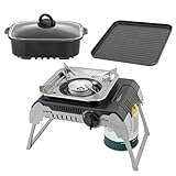 BRUNNER: Gas-Kochplatte Einflammig Outdoor Set mit Grill-Platte & Brat-Topf-Pfanne - Piezozündung 2,4 kW - Gas-Herd mit Grill-Funktion & Automatischer Flamme - DEVIL 450 - Kompakt, Mobil & Im Koffer