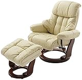 Robas Lund Sessel Leder Relaxsessel TV Sessel mit Hocker bis 130 Kg, Fernsehsessel Echtleder creme, Calgary