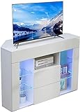 YOLEO TV Lowboard Eckschrank Board Fernsehtisch Eckkommode mit LED Beleuchtung Weiß Hochglanz mit Klappe 100x68x40 cm