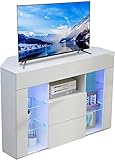 YOLEO TV Lowboard Eckschrank Board Fernsehtisch Eckkommode mit LED Beleuchtung Weiß Hochglanz mit Klappe 100x68x40 cm