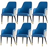 Moderne, Moderne Küche, 6 Leder-Wohnzimmersessel mit hoher Rückenlehne, gepolsterter weicher Sitz, Metallbeine, Freizeit-Empfangsstühle, Esszimmerstühle (Farbe: Blau + Hellgrau)