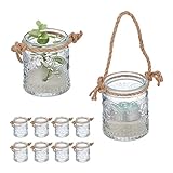 Relaxdays Windlicht, 12er Set, Glas mit Henkel, 7 x 6 cm, innen & außen, Hochzeit Teelichthalter, transparent/Natur