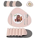 PU Leder Tischsets und Untersetzer 6er Set - Oval Platzsets Abwaschbar Lederoptik Doppelseitigen rutschfest Platzdeckchen für Hause Küche Restaurant 43x37cm (Grau/Rosa)