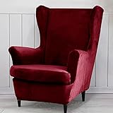 Qelus Samt Ohrensessel Überzug,Sesselbezug Ohrensessel,Plüsch Stuhlhussen Sessel，Möbelbezüge Schutz für Wohnzimmer Schlafzimmer Dekoration (Rot)