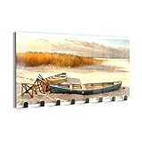 DEQORI Wandgarderobe Glas & Metall | Motiv Holzboote im Dünensand | 60x30 cm | Design Haken-Leiste modern | Garderoben-Paneel für Flur, Wohnzimmer & Schlafzimmer | magnetisch & beschreibbar