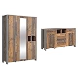 Forte Clif Jugendzimmer Kleiderschrank mit 3 Türen, 1 Spiegeltür & Clif Kommode mit 3 Türen und 2 Schubladen, Holzwerkstoff, Old – Wood Vintage/Betonoptik Dunkelgrau, 156,4 x 86,3 x 41,6 cm