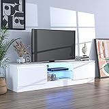 Cozy Castle TV Lowboard in Hochglanz für Fernseher bis zu 70 Zoll, TV Schrank mit LED Beleuchtung, Fernsehntisch für Wohnzimmer, 160 x 35 x 40 cm, Weiß