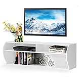 KOMFOTTEU TV Schrank mit 2 offenen Regalen & Kabellöcher, TV Ständer aus P2 & MDF, wandmontierter Fernsehschrank für Büro Schlafzimmer Wohnzimmer, 123 x 41 x 41cm(L x B x H) (Weiß)