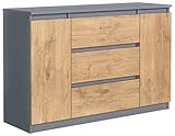 meble masztalerz Kommode Anthrazit/Lancelot Matt mit 3 Schubladen und 2 Türen 120 cm, Sideboard Wohnzimmer, Schlafzimmer H: 78,2 cm, B: 120,4 cm, T: 39 cm Kommode mit Schubladen, Schubladenschrank