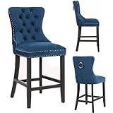 PS Global Bar Chair Adrianna - edler Polsterstuhl - Retro-Design, Samtbezug, Fußstütze und besonders edler Chromring - Chesterfield Tresenhocker - bequemer gepolsterter Bistrostuhl (blaugrün)