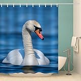 MOXINO Schwan Duschvorhang Anti-Schimmel 180x180 cm Polyester Stoff Textil Waschbar Badvorhang 3D Tier Schwan Motiv Design Duschvorhänge Wasserdicht Badezimmer Vorhänge mit 12 Haken