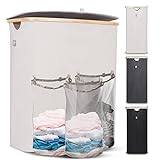 Hennez Wäschebox 150L - Wäschekorb 3 Fächer - Wäschekorb mit Deckel - Wäschesortierer mit Wäschesack - Laundry Baskets - Wäschekorb beige Bambus - Wäschetonne - Wäsche Sortiersystem - Wäschesammler