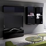 Lomadox Wohnwand Anbauwand schwarz Hochglanz 4-teilig Modern, mit 1 TV-Lowboard, 1 Hängeschrank, 2 Hängevitrinen mit Beleuchtung