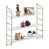 Relaxdays Wandregal, HxBxT: 60 x 60 x 15 cm, Schweberegal mit 3 Ablagen, MDF & Eisen, Hängeregal Wohnzimmer, weiß/Gold