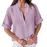 LOPILY Tunika Damen Lang Große Größen Einfarbig Basic Leinenblusen mit Knopfleiste Luftig Locker Oberteil Plus Size Langarmshirts Lose Longshirts für Mollige Sommer T-Shirt