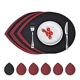 Tischsets Platzsets Abwaschbar Rund 6er Set,Platzdeckchen Abwaschbar Kunststoff Doppelseitig,Tischsets rutschfest Lederoptik Satz von 6 Platzsets(40x33cm)+6 Untersetzer(Schwarz&Rot)