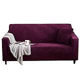 CXYKN Stretch-Sofa-Schonbezug, Samt-Plüsch, waschbar, Sofabezug, weicher Stretch-Möbelschutz, Rutschfester Sofa-Schonbezug für Haustiere, Katze, Hund, Weinrot, 3-Sitzer