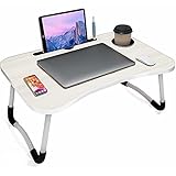 Laptop Schreibtisch, Klappbar Laptop-Betttisch, Groß Tischplatte 60 x 40 cm, Tragbar Betttablett Schoßtisch, Notebook Ständer mit Tablet-Schlitz und Cup Slot zum Essen Frühstück Surfen Arbeiten (Weiß)