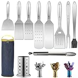 Berglander Grill Zubehör, Edelstahl BBQ Grillbesteck Set 10 teiliges mit einem Utensilienhalter, Edelstahlgriff, kein Schmelzen, kein Ablösen und hitzebeständig