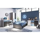 Lomadox Jugendzimmer Set mit Bett, Bettkasten, Kleiderschrank, Schreibtisch, Sideboard in grau mit schwarz, weiß, blau