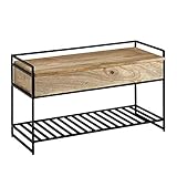 möbelando Sitzbank mit Stauraum 90x52x38 cm Mango Massivholz/Metall Flurbank Braun | Schuhbank mit Sitzfläche Klein | Schmale Garderobenbank mit Schuhregal