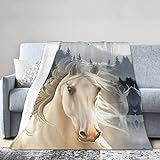 Weiße schöne Flanelldecke mit Pferde-Druck, leicht, superweich, ultra-luxuriös, Plüsch-Fleecedecke, 127 x 152 cm