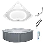 ECOLAM symmetrische Badewanne Eckbadewanne Venus Acryl weiß 150x150 cm + Wannenträger zum Befliesen + Ablaufgarnitur Ab- und Überlauf Automatik Füße Silikon Komplett-Set