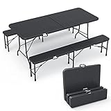 VOUNOT Bierzeltgarnitur Klappbar 3-teilig Set, 1 Biertisch & 2 Bierbänke, Festzeltgarnitur 180x75x72 cm Rattan-Optik Gartengarnitur Campingset Klapptisch, Schwarz