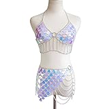 OUSIKA Sexy übertriebene rückenfreie Metall-Körperkette, Kostüm, Fischschuppen, Pailletten, Strandnähte, Retro-Taillenkette, Körperkette, Gold/Silber, Silber