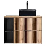 Lomadox Waschtisch Set 80 cm schwarz gerillt Wotan Eiche Nb. anthrazit Unterschrank mit Regal Keramik Aufsatzwaschbecken schwarz matt B/H/T 80,6/72,2/46,5 cm