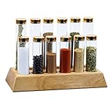 gouveo Gewürzregal Eiche rustikal mit je 6 Gläser Tube 100 ml und Tube 150 ml Deckel goldfarben - Holzregal mit runden Gewürzgläsern - Gewürzregal zum Hinstellen - Küchenregal mit Zylindergläser