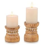 Romadedi Kerzenhalter Stumpenkerzen Holz Boho - 2er Set Kerzenständer Holzkerzenhalter Chunky Landhausstil Shabby Chic Deko für Wohnzimmer Tischdeko