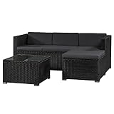 Juskys Polyrattan Lounge Punta Cana M wetterfest mit 3er Sofa, Hocker, Tisch & Kissen - 3-4 Personen - Gartenlounge Gartenmöbel Set schwarz/grau