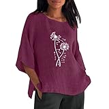 Leinenbluse Damen Sommer,Langarm Baumwolle Leinen Bluse Leinenoberteile Einfarbig Langarmshirt Oversize T Shirt Hemdbluse Tunika Knopfleiste Oberteile Blusenshirt V Ausschnitt Tops Elegant Longbluse